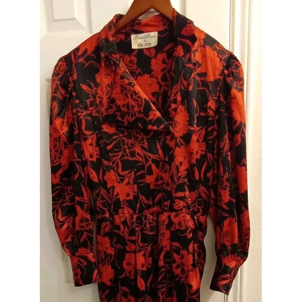 Vintage Red and Black Floral Long Sleeve Midi Dress‎ with Dramatic Puff Sleeves